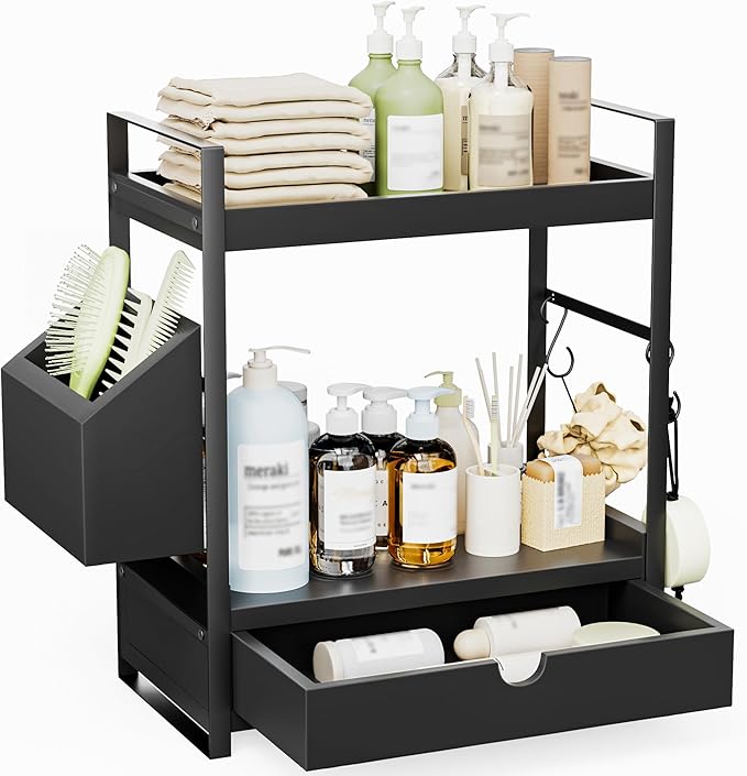 2-Tier Bathroom Counter Organizer with Drawer and Basket, Wood Countertop Organizer for Storage, Skincare Organizers for Vani