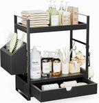 2-Tier Bathroom Counter Organizer with Drawer and Basket, Wood Countertop Organizer for Storage, Skincare Organizers for Vani