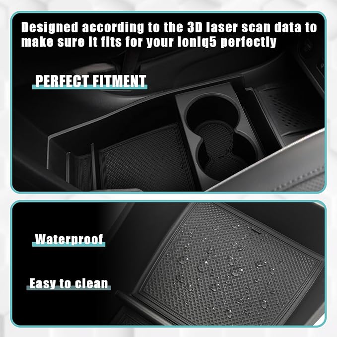 BestEvMod for Ioniq5 Lower Center Console Organizer Cup Holder Tray Storage Box Accessories with Rubber Black Trim Compatible with Hyundai Ioniq 5 2022-2024 Accessories (Lower Tray-Cup Holder Style)