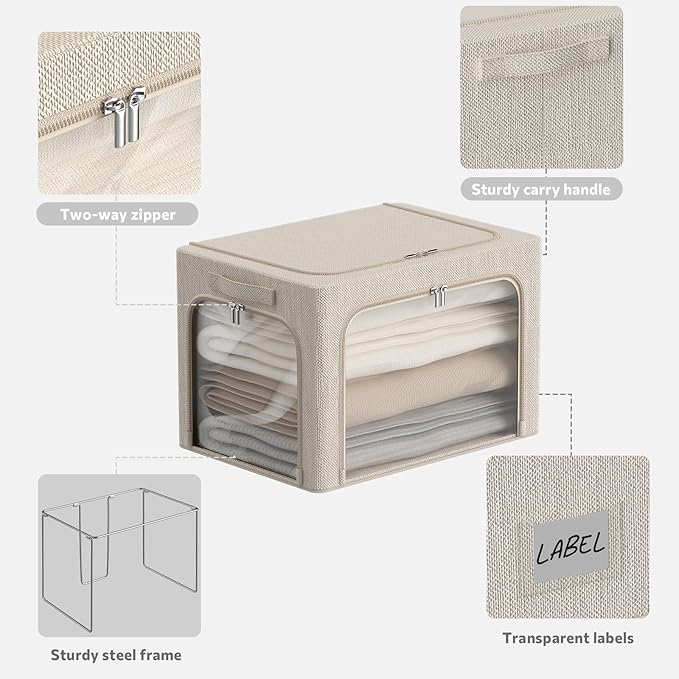 3 Openings Clothes Storage Bins Box - 3Pack Stackable Foldable Storage Bin - Metal Frame Storage Box Clothing Storage Organiz