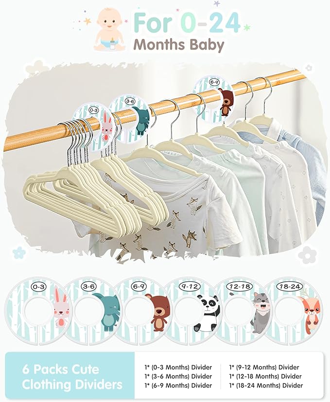 VIS'V Baby Hangers, 11 Inch Velvet Kids Hangers with 6 Pcs Clothes Size Dividers, Infant Toddler Nursery Closet Organization,