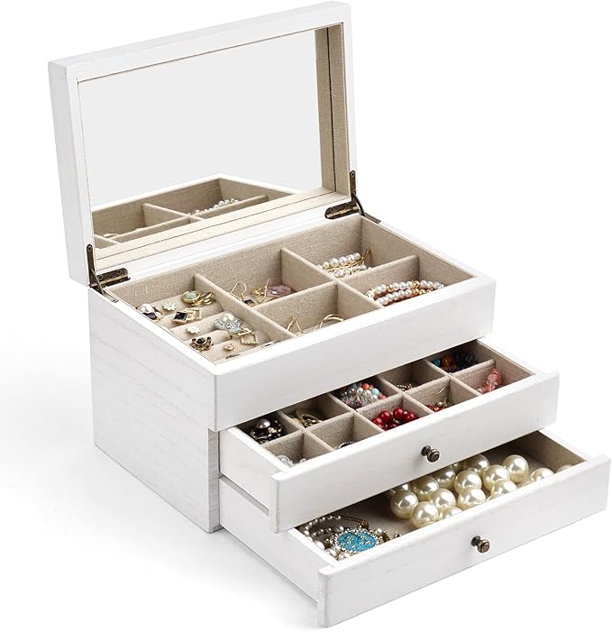 Meangood Jewelry Box Organizer for Women, 3 Layer Large Jewelry Storage Case, Rustic Wooden Jewelry Box with Mirror & Ring Tr