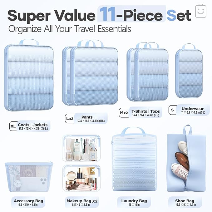 Veken 11 Set Compression Packing Cubes for Travel Essentials,Compressible Expandable Large Luggage Suitcase Organizer Bags fo