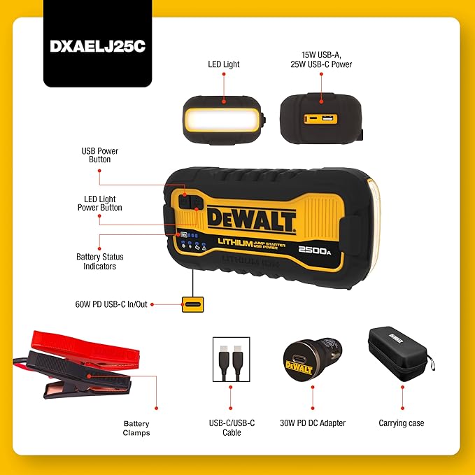 DeWalt DXAELJ25C 2500 Peak Amp Lithium Jump Starter with USB Power Bank and Carrying Case