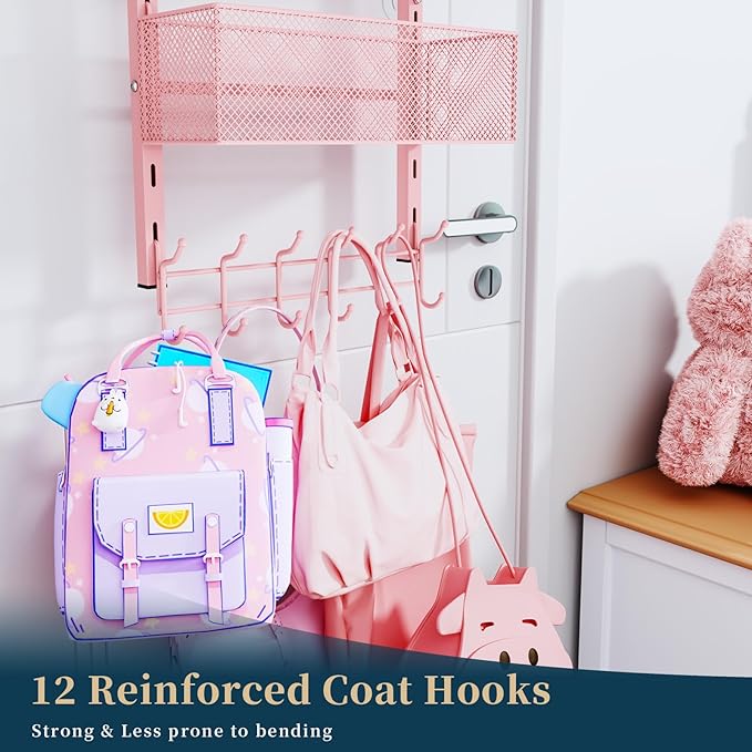 Consumest Over The Door Hooks Organizer - 4 Tier Door Coat Rack with 3 Baskets and 12 Hooks, Stainless Steel Towel Hanger for
