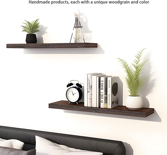 PHPH 24 Inch Wood Floating Shelves for Wall, Wooden Wall Shelves for Bedroom, Set of 4 Brown