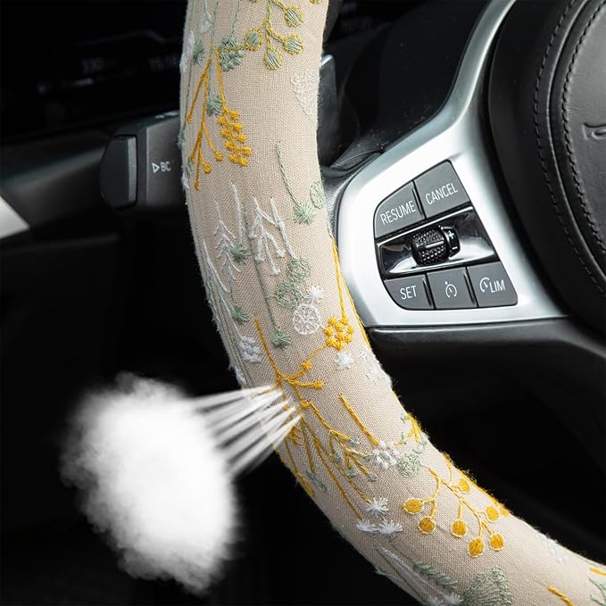 Beige Spherical Flowers Steering Wheel Cover Auto Embroidery Steering Wheel Protector, Anti-Slip, Breathable, Absorbing Sweat