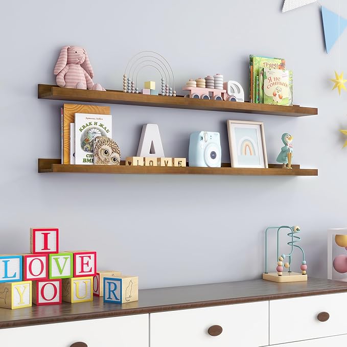 Picture Ledge Wall Shelves 48 inch Width Set of 2, Solid Pine Wood Rustic Floating Ledge Shelves for Wall for Kids' Room Bedr