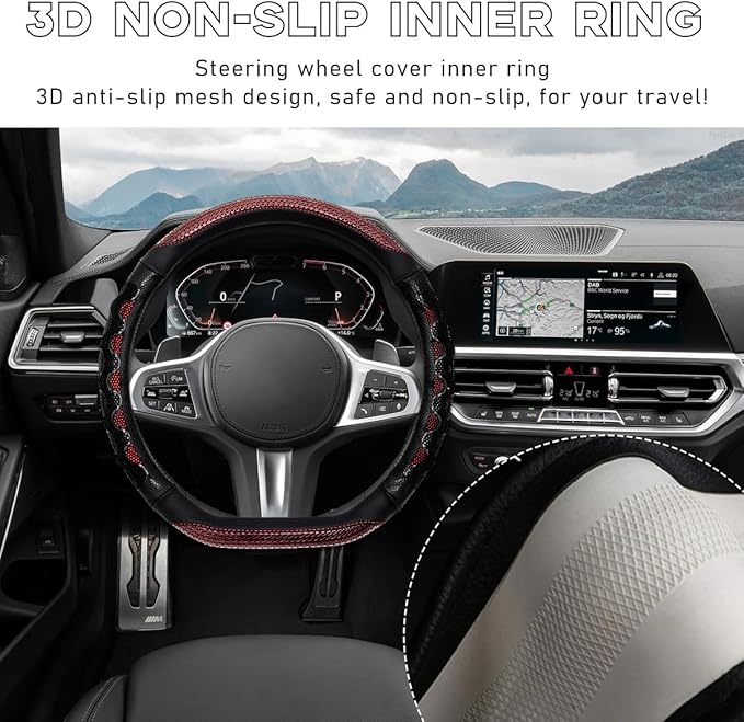 Yourkar Car Steering Wheel Cover, 15 Inch Leather D-Shaped Comfy Grip Steering Wheel Protector, Anti-Slip Steering Wheel Cove