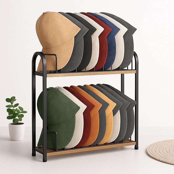 SWTYMIKI Hat Stand for Baseball Caps - 2 Tier Wood & Metal Removable Tabletop Hat Organizer Storage Display Rack, Holds up to