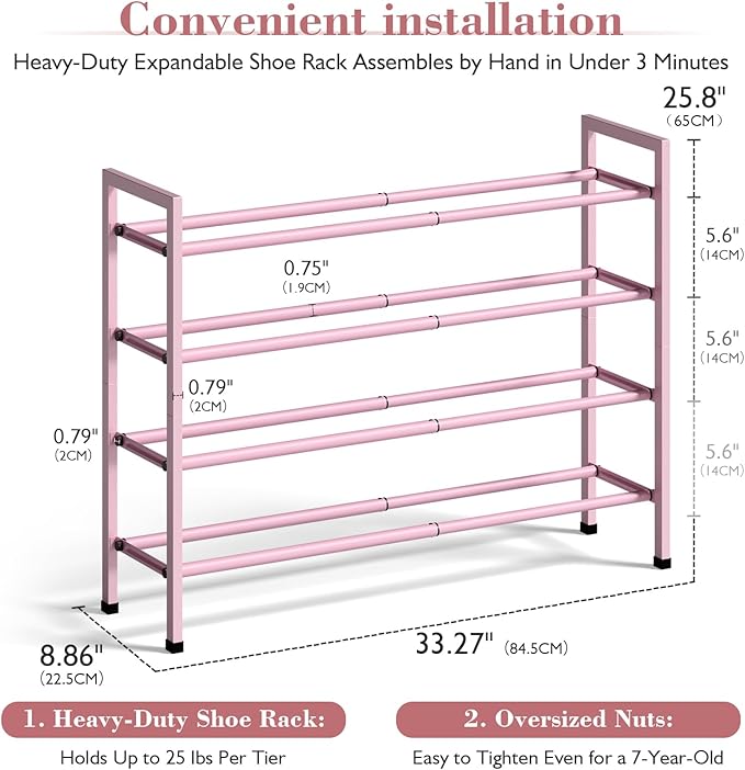 Bumusty 4-Tier Expandable Shoe Rack for Closet, 18“-33” Adjustable Shoe Rack for Small Space, Small Shoe Organizer for Front 