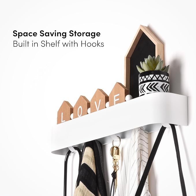 xympo Modern Wall-Mounted Coat Rack with Shelf – Heavy-Duty Steel, 5 Sturdy Hooks, Powder-Coated Finish, Space-Saving Entrywa