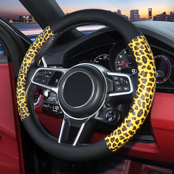 ZHOL Animal Texture Leather Steering Wheel Cover, Built-in Non-Slip Rubber Ring, Non-Toxic, Odorless, Not Fade, Suitable for 