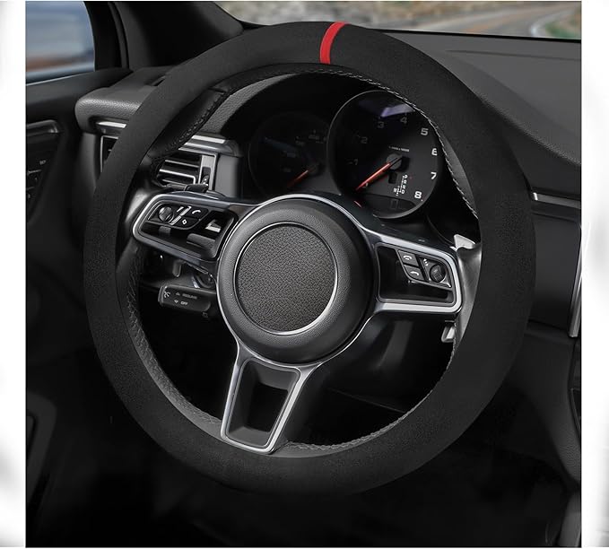 Suede Steering Wheel Cover with Upgraded Silicone Inner Ring, Breathable, Anti-Slip, Leather Universal 14.5 to 15 Inch Steeri