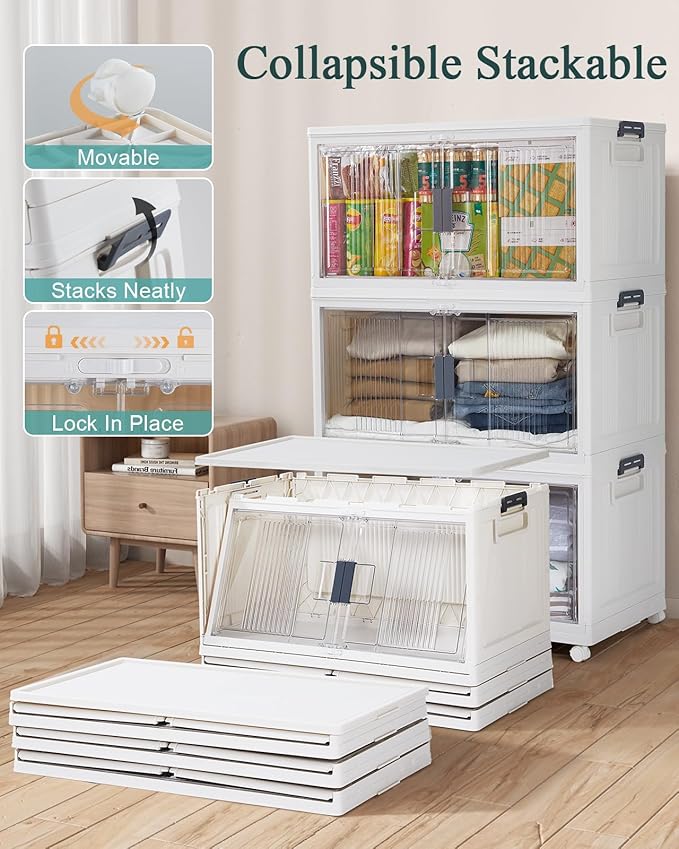 OlarHike 97QT Stackable Storage Bins with Lids - Folding Storage Box with Doors and Wheels, Collapsible Plastic Storage Drawe