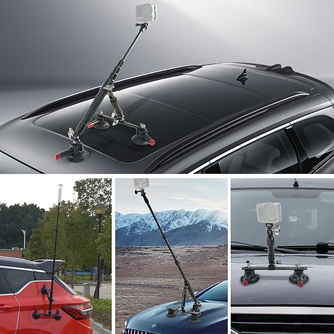 FIFIELD Triple Suction Cup Car Mount Kit with 2in1 Selfie Stick, CNC Machined Quick Release Adjustable Extension Mount for Windshield Dashboard Hood, Compatible with GoPro Insta360 DJI Action Cameras