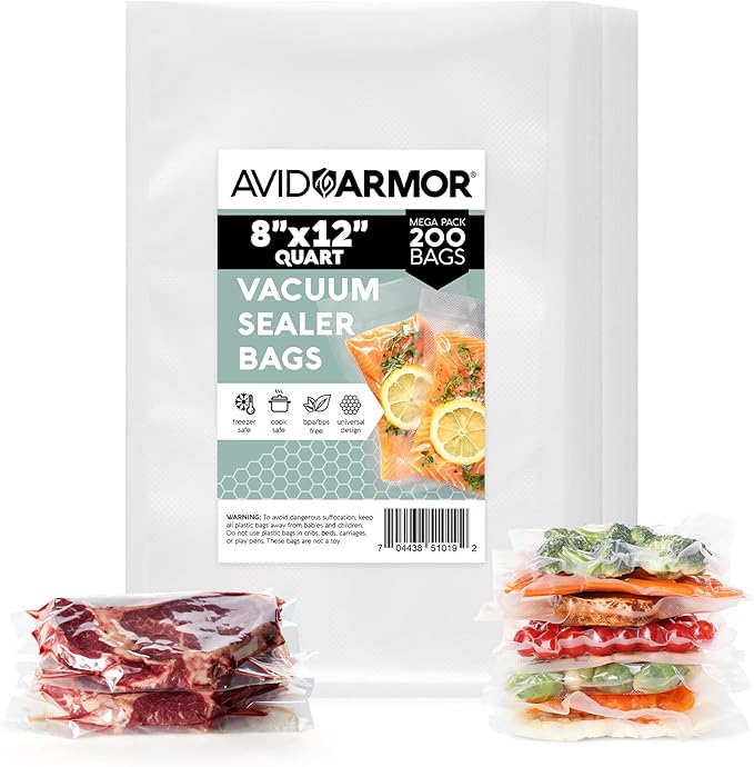 Avid Armor Vacuum Sealer Bags 200 Quart 8x12" For Food Saver, Commercial Grade, BPA Free, Heavy Duty, Pre-cut, for Vac Storag