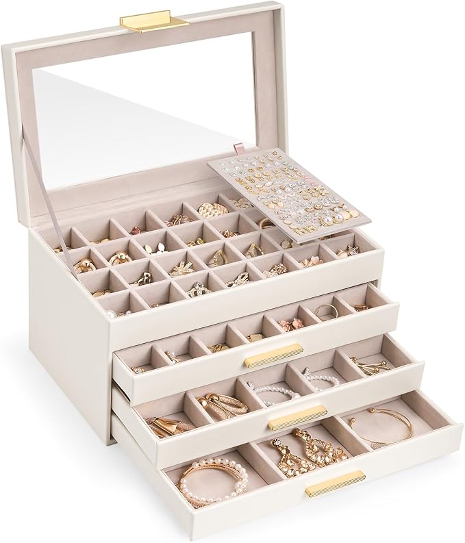Lolalet Earring Storage Box Case with Glass Top, Large Earring Jewelry Holder Organizer Display with Drawer and Grid, Gifts f