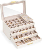 Lolalet Earring Storage Box Case with Glass Top, Large Earring Jewelry Holder Organizer Display with Drawer and Grid, Gifts f