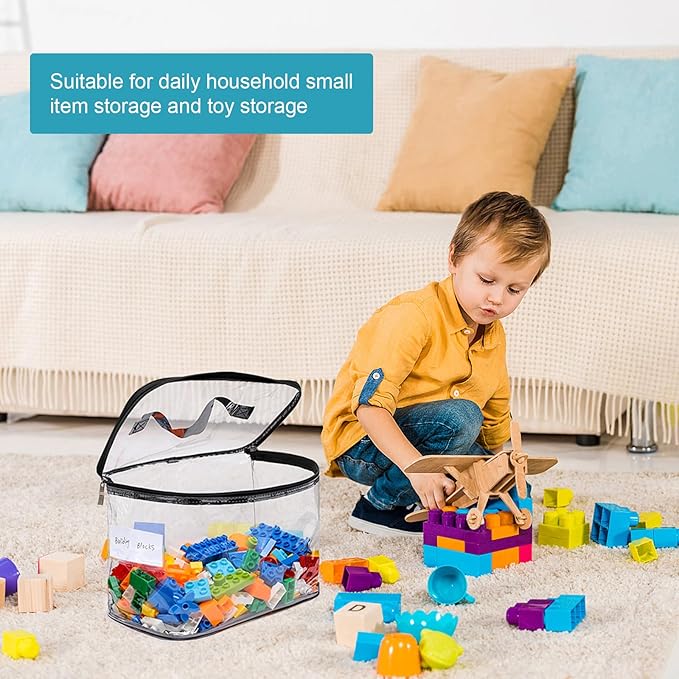 8 Pack Large Clear Storage Bag for Toys with Name Tag, Waterproof Duty PVC Toy Organizer Case for Board Games, Building Block