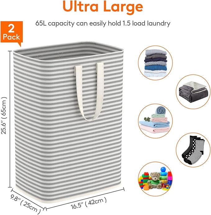Lifewit 2 Pack Laundry Basket 65L Each, Collapsible Clothes Hamper with Reinforced Handles, Freestanding Waterproof Design fo