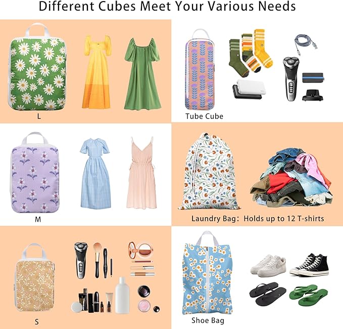 6 Pcs Compression Packing Cubes, Packing Cubes for Travel, Waterproof Luggage Organizer Bags Set, Cute Packaging Cubes for Wo
