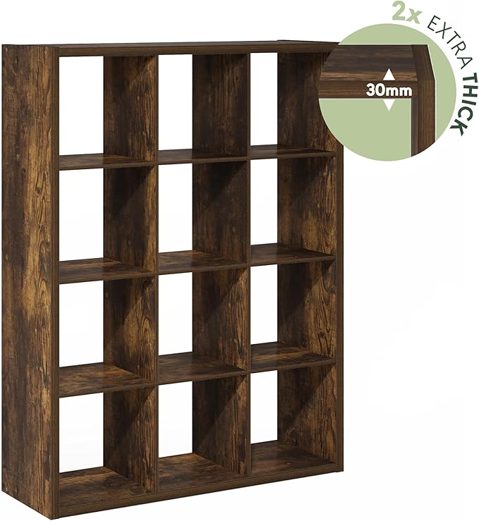 Furinno Cubicle Book Shelf, 12-Cube Bookshelf, Extra Thick Frame Reversible Bookcase with Open Back, 14.6" x 44" x 58", for L