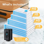 UPGOGO Combo 16 Pack Travel Vacuum Bags with Portable Electric Pump, Space Saver Vacuum Storage Bags for Clothing and Luggage