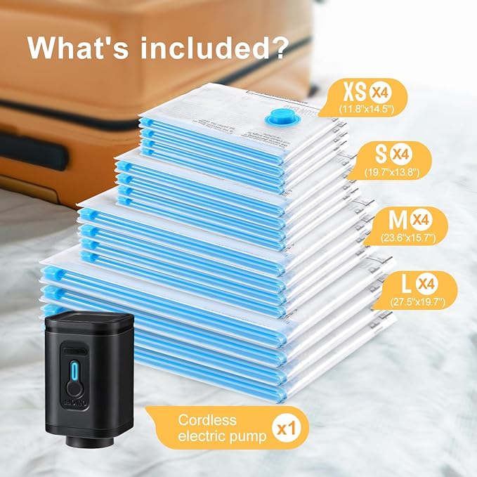 UPGOGO Combo 16 Pack Travel Vacuum Bags with Portable Electric Pump, Space Saver Vacuum Storage Bags for Clothing and Luggage