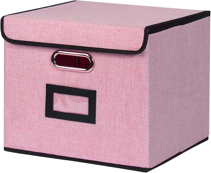 Large Square Storage Bin with Lid, Foldable Organizer Box with Handles & Label Design, for Office, Closet, Home, Documents, P