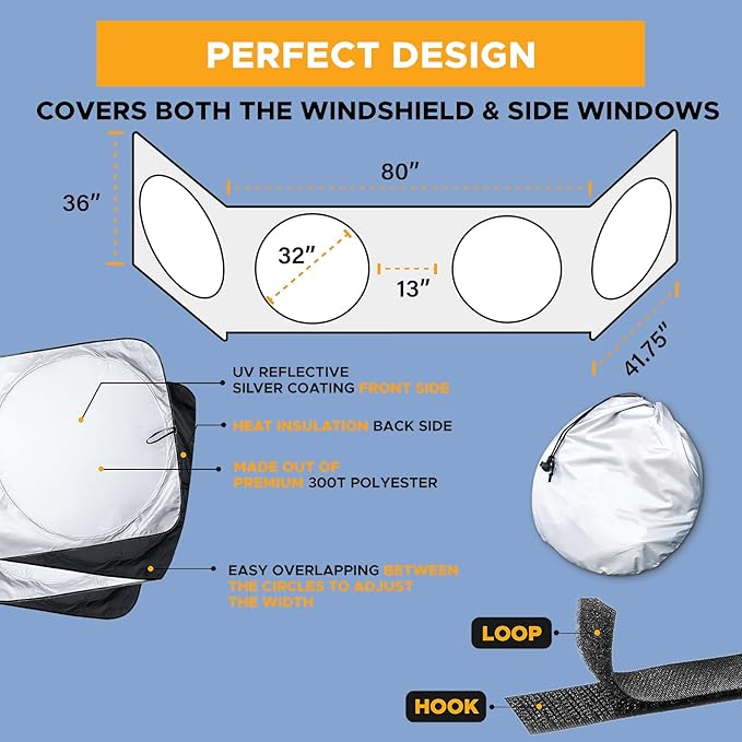 Semi-Truck Sun Shade for Windshield and Side Window | 300T Sunshade Maximum Coverage | Block Sun Heat Rays | Keep Warm in Winter for Semi, Commercial & Big Rig Truck, RV, Boat
