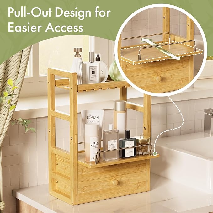 AmazerBath Bamboo Bathroom Countertop Organizer, 2-Tier Makeup Organizer with 2 Drawers, Vanity Organizer Storage Coffee Matc