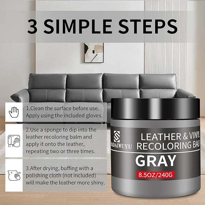 Leather Recoloring Balm,8.5oz Leather Color Restorer,Gray Leather Repair kit for Furniture and Car Interior,Leather Couch Scr