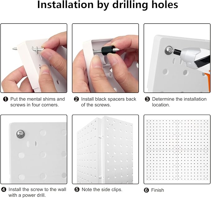 4Pcs Peg Board Panels, White ABS Pegboard Wall Mount, Easy Installation for Craft Room, Garage, Kitchen, Workshop