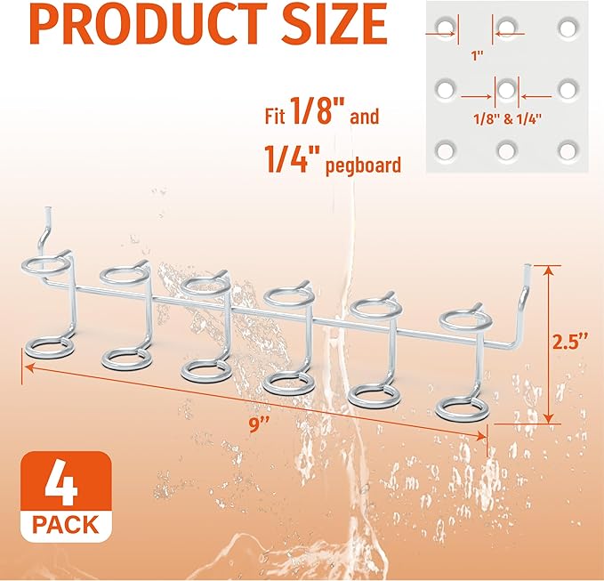 HUHOLE 4-Pack Pegboard Screwdriver Holder–Silver Heavy Duty Steel Peg Board Screwdriver Organizer Rack–Multi-Ring Pegboard To