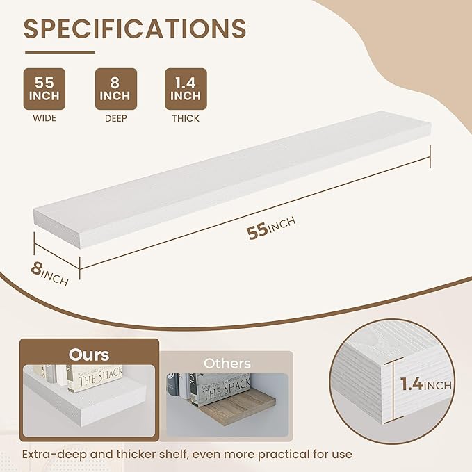 Dreamland 55 Inches Floating Shelves for Wall, 8" Deep Long Floating Shelves Set of 1, Large Display & Storage Shelf, Wall Sh