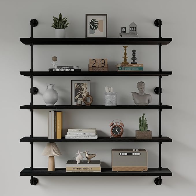 Floating Shelves for Wall Bookshelf Industrial Pipe Shelving Shelves 48 Inch 5 Tier Natural Wood Planks Rustic Wall Shelves H