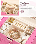 Homde Synthetic Leather Huge Jewelry Box Mirrored Watch Organizer Necklace Ring Earring Storage Lockable Gift Case (Pink + Go