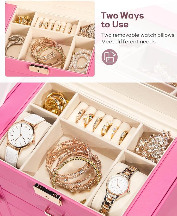 Homde Synthetic Leather Huge Jewelry Box Mirrored Watch Organizer Necklace Ring Earring Storage Lockable Gift Case (Pink + Go