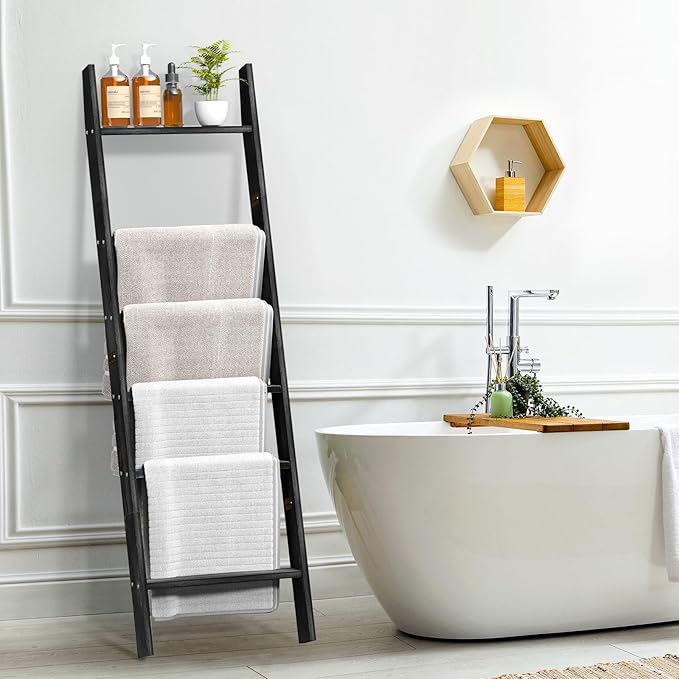 HONEST OUTFITTERS Blanket Ladders for The Living Room, 6-Tier Blanket Holder, Wall-Leaning Blanket Rack, Ladder Shelves, Wood