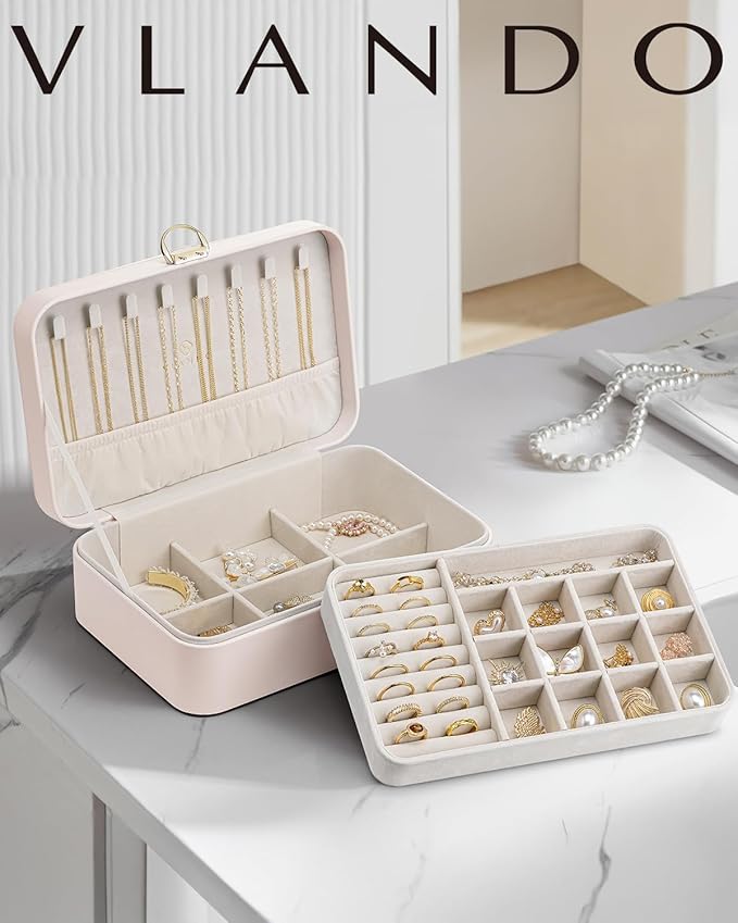Vlando 2-Layer Jewelry Box,Valentines Day Gifts for Her Jewelry Organizer for Women Removable Jewelry Tray for Earrings Neckl