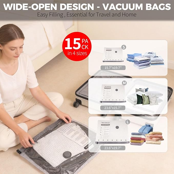 Vacuum Seal Bags for Clothing Travel with USB Electric Pump, FIRRAX 15 Combo Carry-on Size Space Saver Vacuum Storage Bags (5