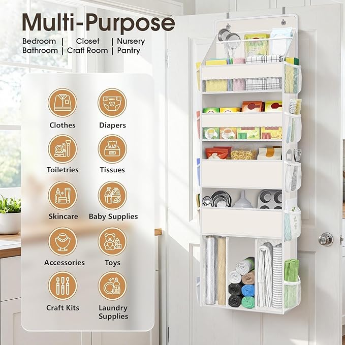 WISELIFE 5-Tier Over the Door Organizer for Hanging - 50LB Heavy-Duty Back of Door Organizer with 5 Spacious Pockets & 13 Mes
