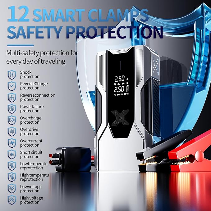 Emergency Portable Jump Starter with Air Compressor - 3000A 150PSI for Cars, Trucks & SUVs up to 9L Gas/7L Diesel, 12000mAh