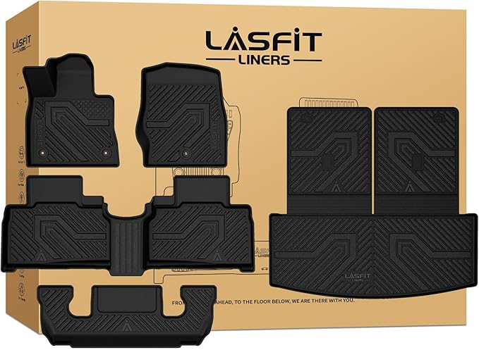 LASFIT Floor Mats & Cargo with Backrest Mat for Ford Explorer 2020-2021 6 Passenger, Custom Fit All Weather Protector TPE Easy Clean Floor Liners, 5pcs Full Set Black