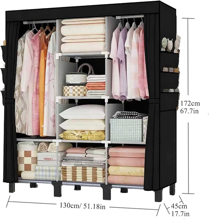 Portable Wardrobe, Clothes Organizer, Easy Hanger Wardrobe, Multiple Dividers and 3 Drawers, 6 Side Pockets Large Capacity (B