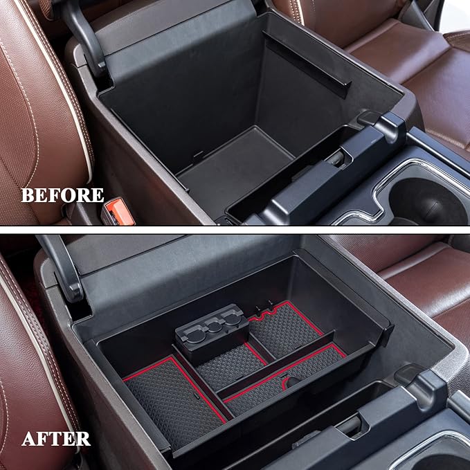 JKCOVER Compatible with Chevy Silverado/GMC Sierra 2014-2018 and Chevy Tahoe Suburban/GMC Yukon 2015-2020 Center Console Organizer Tray Accessories-Full Console w/Bucket Seats ONLY - (Red Trim)
