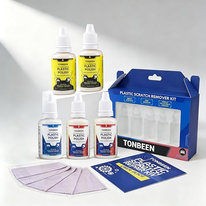 Plastic Scratch Remover & Polish Kit, 3-Level Plastic Restorer for Light to Heavy Scratches, Improves Clarity on Headlight Covers, Acrylic, Plexiglass & Plastic Surfaces, 5-Piece Set (150ml Total)