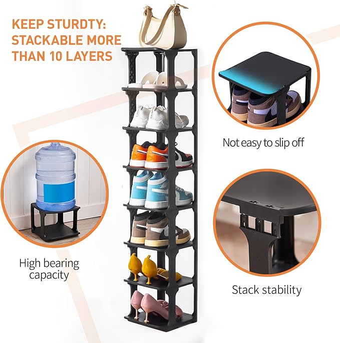 5 Tiers Shoe Rack Organizer for Closet Shoe Holder Storage Narrow Plastic Vertical, Free Standing Shoe Rack Shelf for Entrywa