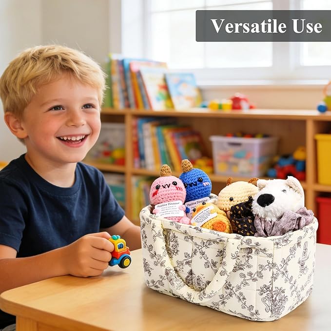 Small Storage Basket Organizer, Mini Fabric Floral Storage Baskets with Handle, Quilted Portable Collapsible Storage (Vine-Co